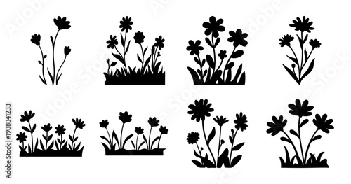 Collection of eight black flower silhouette illustrations on a white background