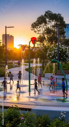 Children enjoy a splash pad at sunset in a modern urban park
