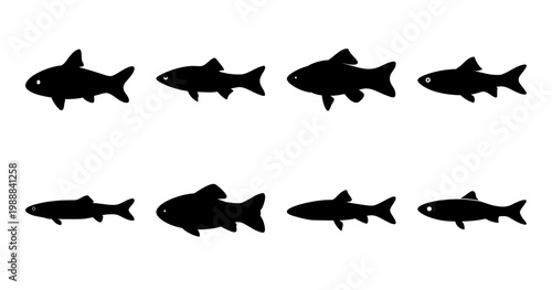 Silhouette Illustration of Eight Fish Swimming, Isolated on White Background, Simple Fish Design