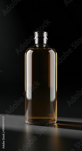 Clear glass bottle with golden liquid, minimalist studio lighting