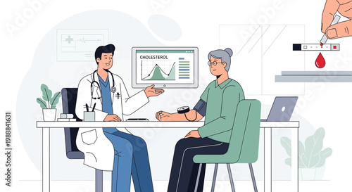 Doctor checks elderly patient's blood pressure and cholesterol levels in clinic
