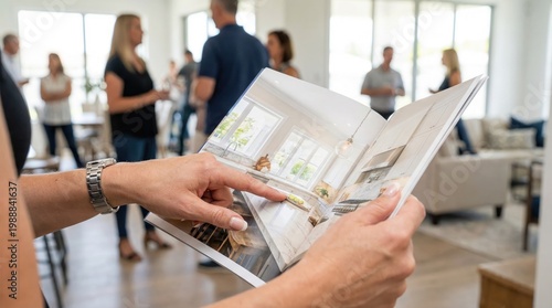 Woman hands holding a printed real estate catalog and pointing at a modern kitchen photo during an open house