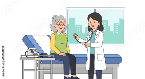 Doctor examining elderly patient with stethoscope in clinic, medical check-up, healthcare concept