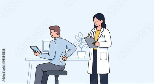 Doctor examining patient with back pain at desk, digital tablet, medical consultation