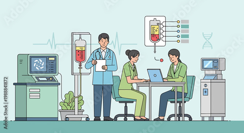 Medical Team Discussing Blood Transfusion Technology and Research with Advanced Equipment