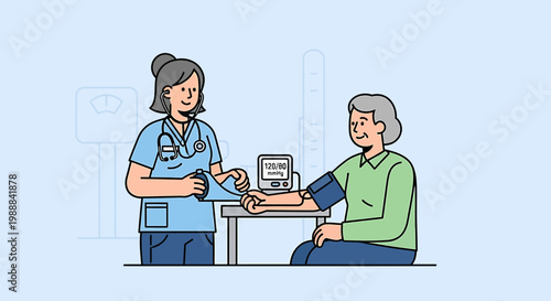 Nurse checks patient's blood pressure with monitor, medical checkup illustration