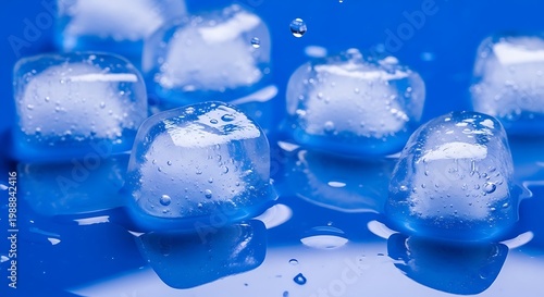 Clear ice cubes melting with water droplets on a vibrant blue surface