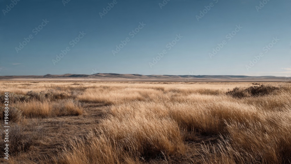 Fototapeta premium Vast Desert Grassland Under Clear Blue Sky