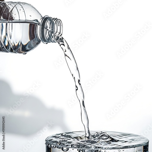 Clear liquid cascades from clear plastic bottle into crystal clear glass