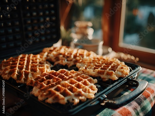 Freshly baked waffles are displayed on the waffle iron on a colorful checkered fabric with a blurred background du a sunny morning.