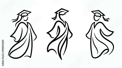 Three stylized graduates in caps and gowns celebrating achievement.