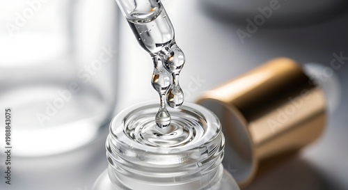 Clear liquid drips from a pipette into a small glass bottle, showcasing skincare