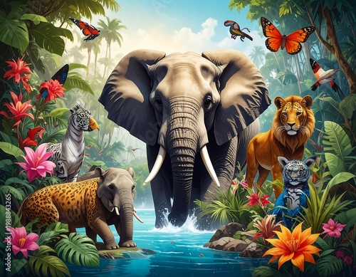 A vibrant jungle scene with assorted wildlife encircling a large elephant. Vivid flora surrounds the animals, bathed in sunlight