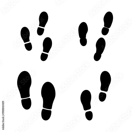 Isolated Black Footprints on White Background Showing Different Paths Taken