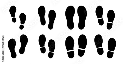 Various Black Shoe Footprints Isolated on White Background Demonstrating Different Walking Styles