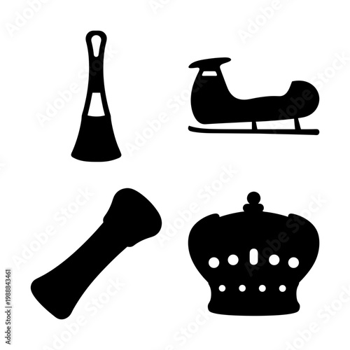 Silhouettes of four items, including a crown, mallet, spatula and sleigh