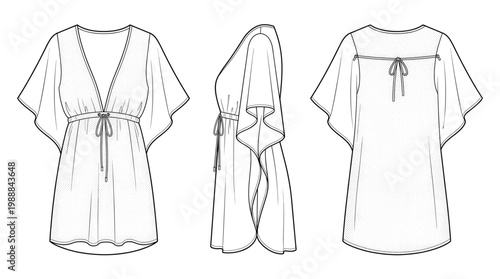 Beach Cover-Up Dress Fashion Technical Drawing, Summer Resort Wear Multi-View Line Art Vector