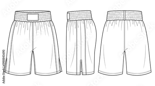 Boxing Shorts Athletic Technical Drawing, Professional Combat Sports Gear Multi-View Line Art Vector
