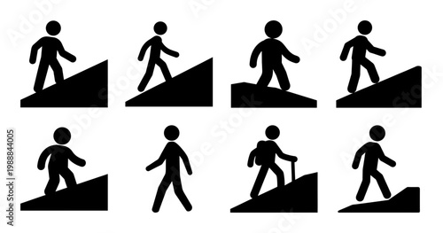 Diverse group of stick figure people walking, climbing, hiking up the hills