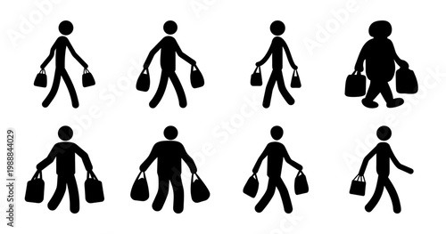 Icons of shoppers carrying shopping bags in black and white isolated image