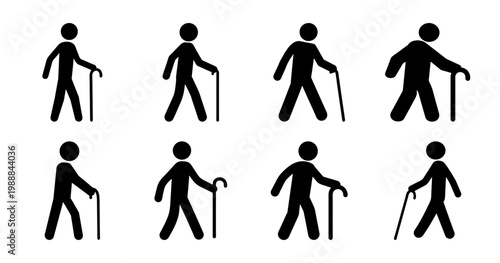 Collection of Figures Walking with Canes in Silhouette Graphic Style