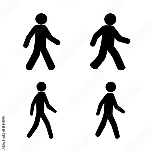 Four variations of a stick figure walking person in black silhouette