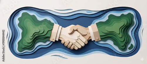 Global Environmental Partnership Concept: Handshake Illustration in Paper Cut Art Style Representing Sustainable Business and Ecological Cooperation