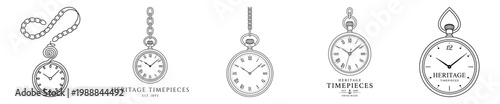 Minimalist Pocket Watch with Chain Link Line Art, Premium Heritage Vector Logo Design