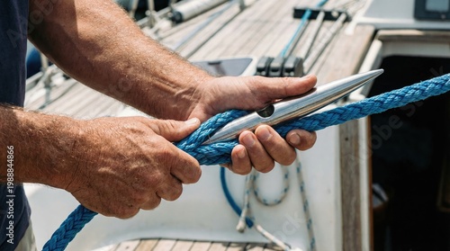 Sailor splicing a blue synthetic mooring rope using a metal fid on a boat deck