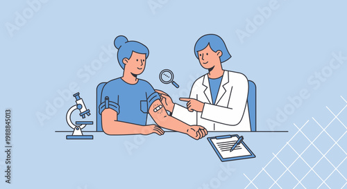Doctor examining patient's arm with bandage, microscope and magnifying glass