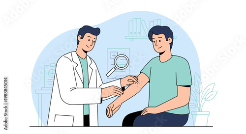 Doctor examining patient's arm skin, dermatology check-up, medical consultation, healthcare concept