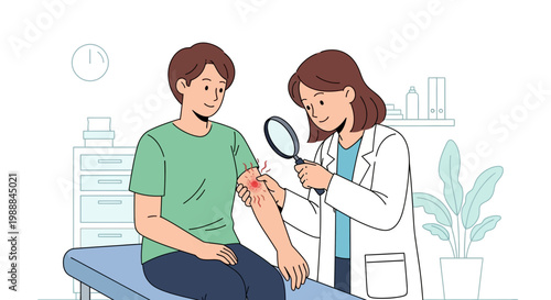 Doctor examining patient's arm rash with magnifying glass in clinic