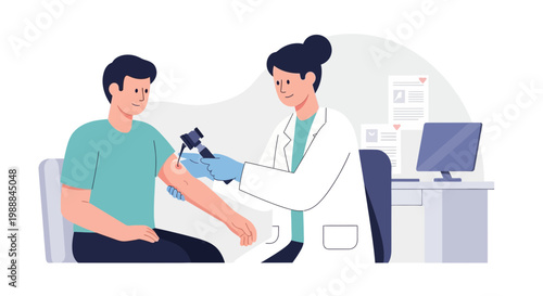 Doctor examining patient's arm with otoscope in clinic, healthcare concept