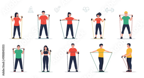 Diverse people exercising with resistance bands, demonstrating fitness and healthy lifestyle