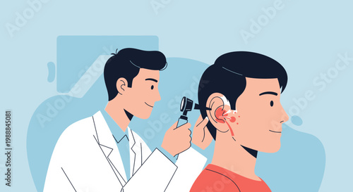 Doctor examining patient's ear with otoscope, ENT specialist checkup, hearing health concept