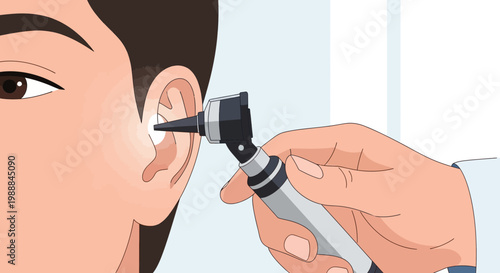 Doctor examining patient's ear with otoscope, close-up on ear canal and medical instrument