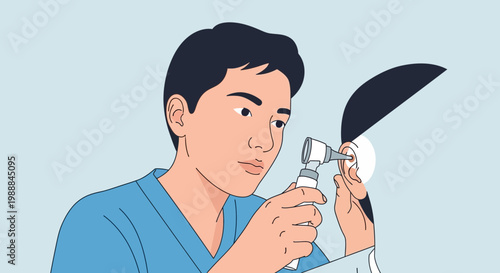 Doctor examining patient's ear with otoscope, medical check-up, hearing health concept