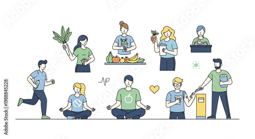 Healthy Lifestyle People Group: Fitness, Yoga, Nutrition, Mindfulness, Running