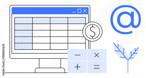 Finance, online tools, data management, technology, accounting, economics concepts. Image of a digital spreadsheet with a dollar symbol, mathematical icons and an at-sign. Finance and online tools