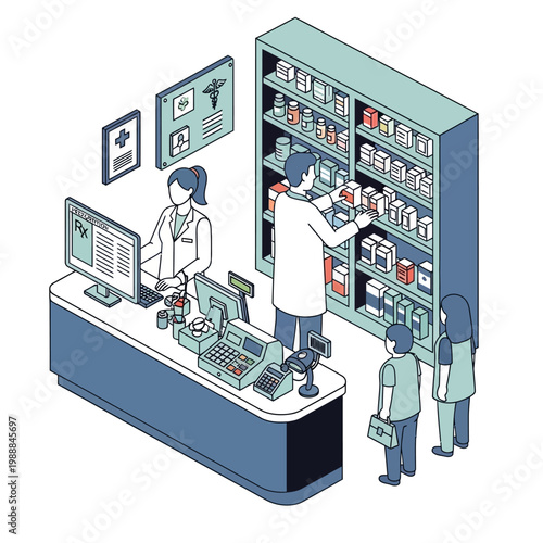 Pharmacist helping customer at pharmacy counter.