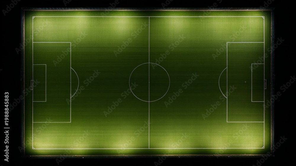 Obraz premium pitch. Aerial perspective of a pristine football field with crisp white lines on vibrant green turf. event key visuals, club posters, designed for fitness apps and gym onboarding. 