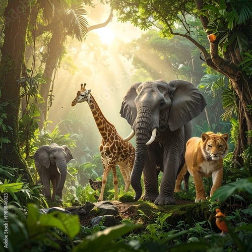 A vibrant jungle scene with sunlight filtering through, featuring an elephant, lion, giraffe, and smaller elephants, amidst lush vegetation