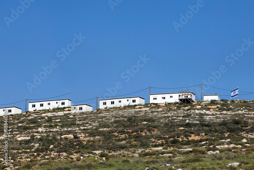 West Bank near Nablus - April 09 2026: A newly established Israeli settlement is seen on a hilltop near Nablus, reflecting ongoing expansion of settlements in the occupied territory.