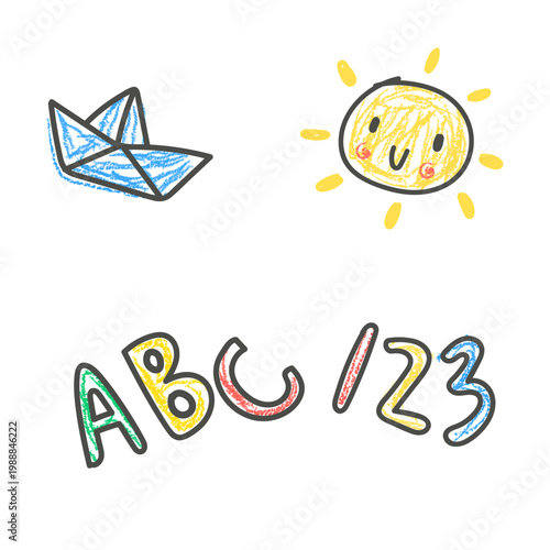 Playful crayon drawing of a paper boat, happy sun, and colorful ABC 123 for kids education