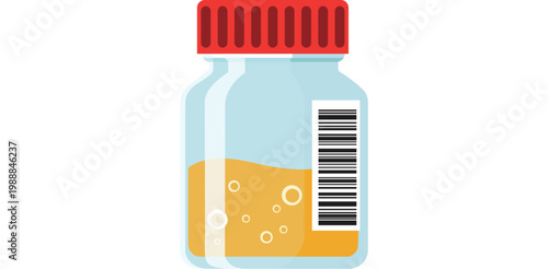 Medicine Bottle with Yellow Liquid and Barcode, Supplement Jar Illustration, Health Care Product, Medical Syrup or Vitamin Concept, Flat Vector Design on White Background