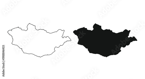 A black and white depiction of mongolia s outline shown as both a filled and unfilled shape