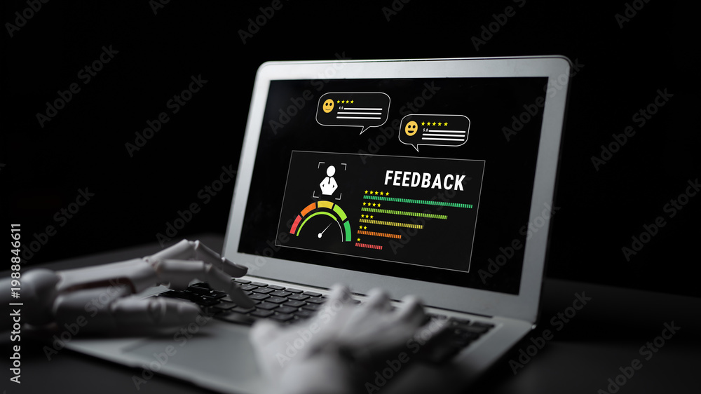 Naklejka premium An AI system for analyzing customer feedback and measuring service quality. A dashboard using AI to process user reviews and satisfaction data. Motif