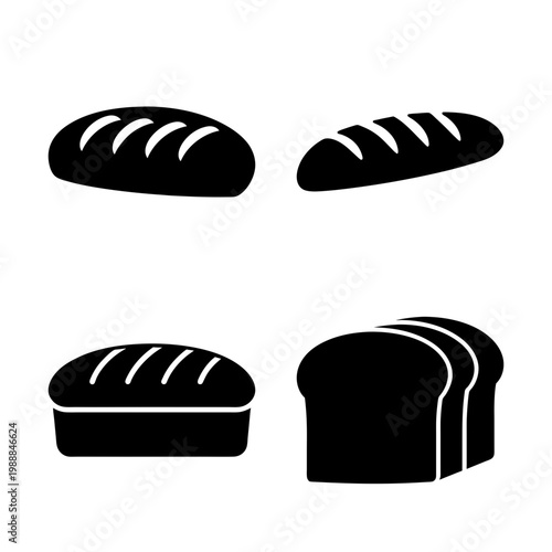 Four illustrations of various types of bread loafs, in black and white