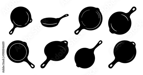 Black and white silhouette set of frying pans and skillets collection