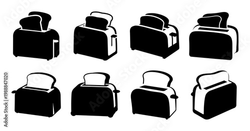 Black and white vector image featuring eight different stylized toasters